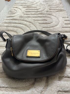 Marc Jacobs Pebbled Leather Dark Gray Crossbody with Gold Plaque